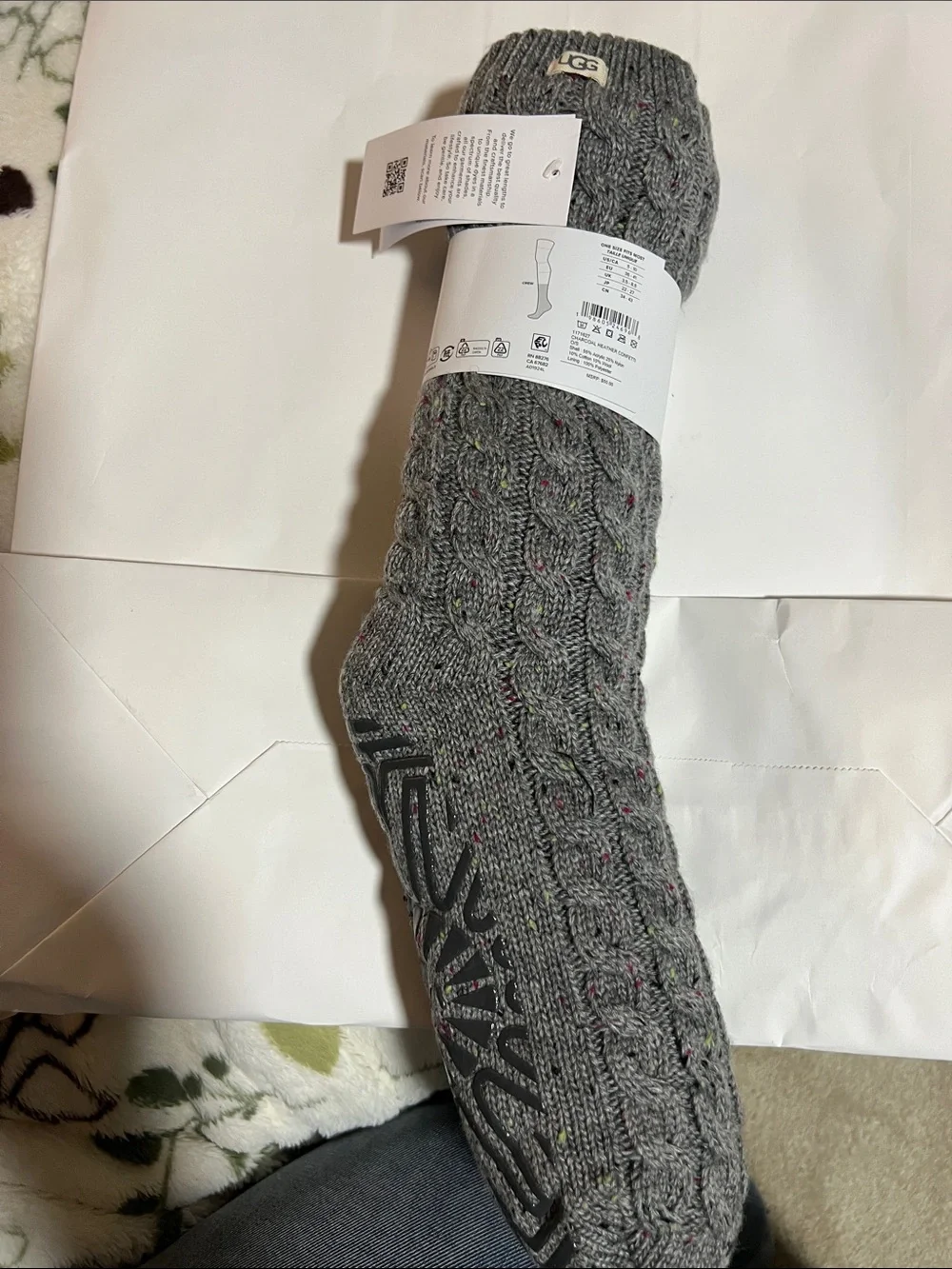 UGG Gray Cable-Knit Gripper Socks with Multicolor Speckles